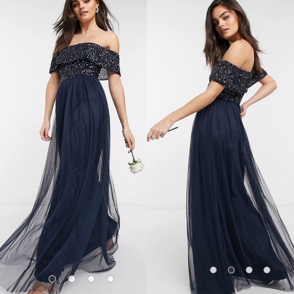 Maya Bridesmaid bardot maxi tulle dress with tonal delicate sequins in navy